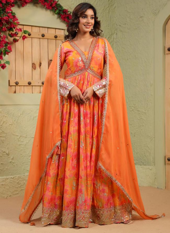 Crepe Orange Wedding Wear Embroidery Work Readymade Anarkali Suit